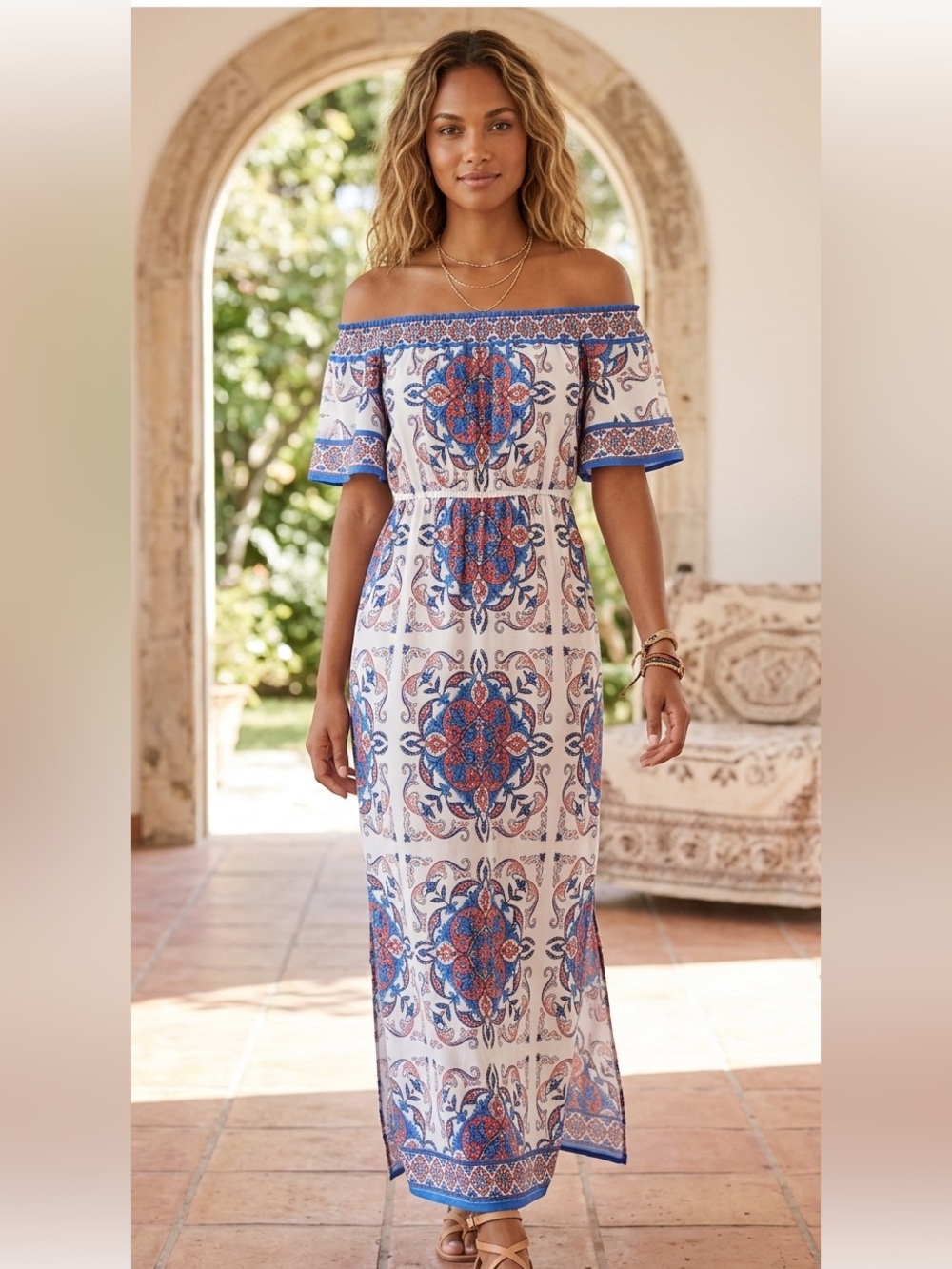 Flying Tomato bohemian short sleeve off the shoulder ruffle maxi dress - Picture 16 of 16